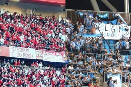 Inter Antifascista exibe faixa ‘Petrobrás é do povo’ no Beira-Rio e Grêmio Antifascista exibe faixa ‘Coligay 40 anos’ na Arena OAS. Fotos: Divulgação